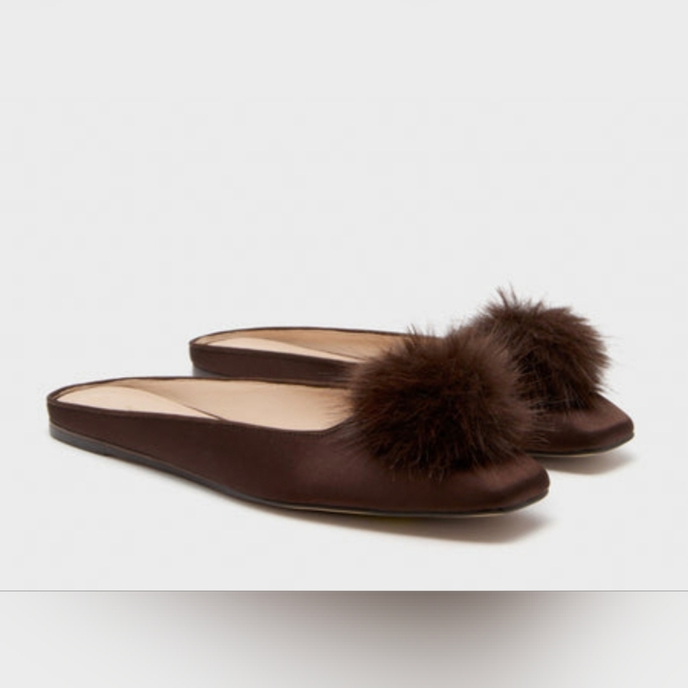TUCKERNUCK Chocolate Satin Nilli Flats with Pom Pom Size 7 - Picture 2 of 11
